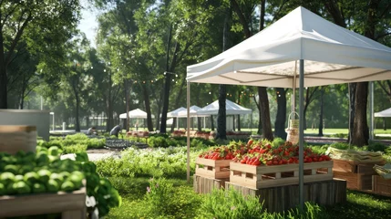 Foto op Plexiglas a white canopy tent, with crates of fresh strawberries, surrounded by other booths showcasing a variety of products and produce against a backdrop of lush grass and trees. © lililia