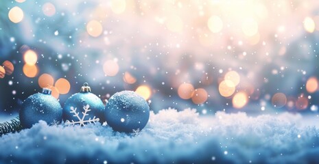 Obraz na płótnie Canvas Christmas background with blue Christmas balls and snowflakes on blurred bokeh lights, in the style of a Christmas card or greeting banner template Generative AI