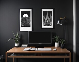 Fototapeta na wymiar black frame on work table in bright colours 