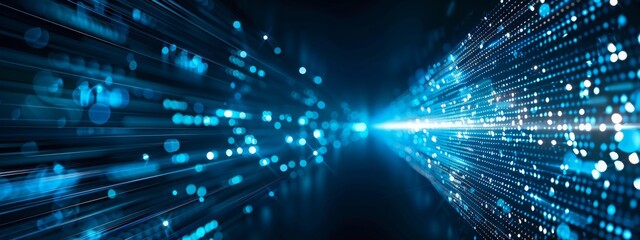 Obraz premium Abstract blue digital technology background with glowing tunnel effect.