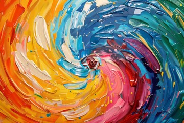 Abstract colorful swirl of acrylic paint background, hand drawn brush strokes, color splashes and palette knife texture in the style of various artists