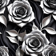 Black roses and leaves on black background. 