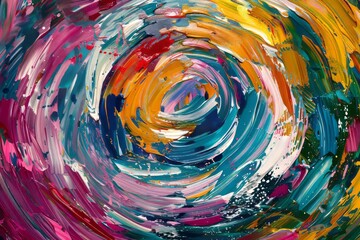 Abstract colorful swirl of acrylic paint background, hand drawn brush strokes, color splashes and palette knife texture in the style of various artists - obrazy, fototapety, plakaty