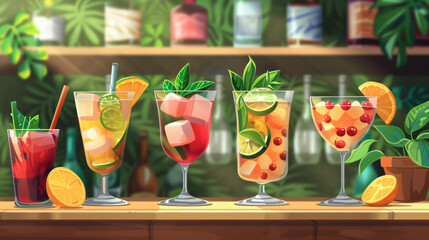Summer concept different cocktails in bar background