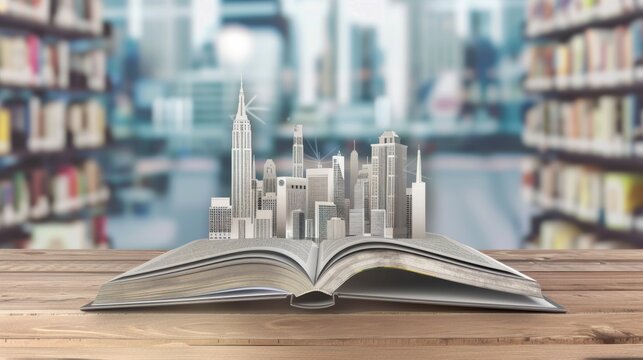A creative paper cityscape rises from an open book on a wooden table against a blurred library background.