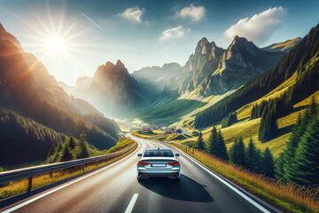 car driving along a mountain road in the sunlight - obrazy, fototapety, plakaty