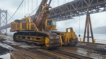 transporting large construction equipment as workers reinforce a bridge to accommodate the weight, capturing the intricate process with precision and expertise. - obrazy, fototapety, plakaty