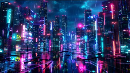 Techno City at Night with Futuristic Neon Lights
