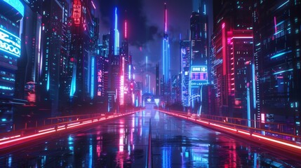 Techno City at Night with Futuristic Neon Lights