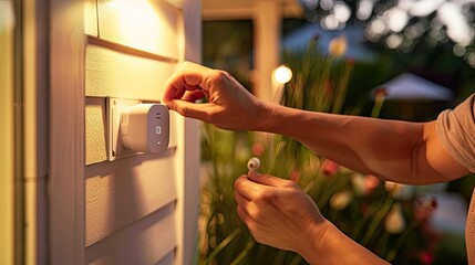 a person installing a motion detector in a suburban home, focusing closely on the hands delicately placing the detector, bathed in bright, natural light to evoke feelings of safety and security. - obrazy, fototapety, plakaty