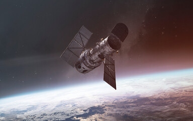 3D illustration of Hubble space telescope at Earth orbit. High quality digital space art in 5K - realistic visualization