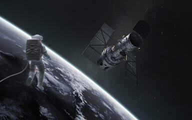 3D illustration of Hubble space telescope at Earth orbit. High quality digital space art in 5K - realistic visualization