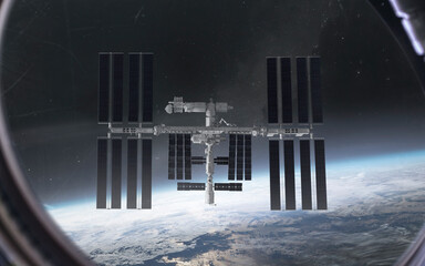 3D illustration of International space station orbiting Earth. High quality digital space art in 5K - realistic visualization - 786626432