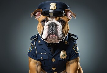 bulldog dressed as a police officer with abstract letters-like design on its clothes in bright colours  - obrazy, fototapety, plakaty