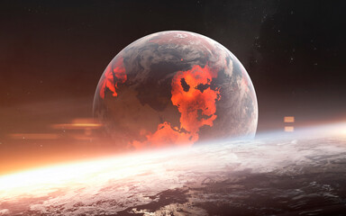 3D illustration of burning planet. High quality digital space art in 5K - realistic visualization