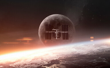 3D illustration of International space station near Earth. High quality digital space art in 5K - realistic visualization