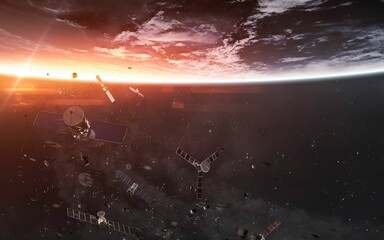 3D illustration of Space debris, junk and satellites in orbit planet Earth. High quality digital space art in 5K - ultra realistic visualization. - 786626671