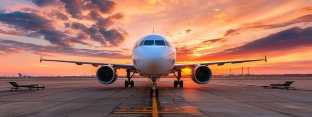 Front view of commercial jet airplane. Parked aircraft at airport runway during golden hour, aviation and travel concept.