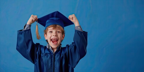 Happy Young Boy with Graduation Hat on a Blue Background with Space for Copy