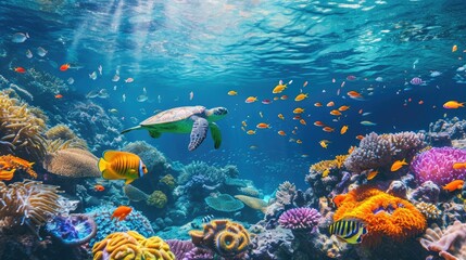 A sea turtle glides through the clear blue waters of a coral reef teeming with colorful marine life and diverse coral formations. Resplendent.