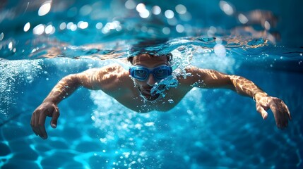 Determined Swimmer Competing in Freestyle Swimming Competition - obrazy, fototapety, plakaty