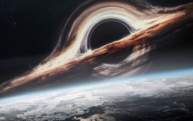 3D illustration of giant black hole near Earth. High quality digital space art in 5K - realistic visualization - 786627063