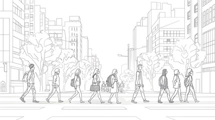 Diverse Group of Urban Residents Crossing Busy City Street in Illustrated Line Drawing