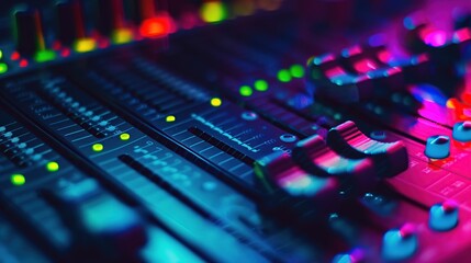 A close-up of the audio mixing console with neon lights and a dynamic equalizer bar that enables...