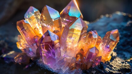 Giant crystals of different colors and irregular shapes all sparkling and reflecting beautiful light.