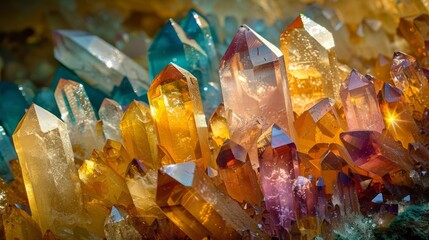 Giant crystals of different colors and irregular shapes all sparkling and reflecting beautiful light.