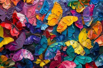 Abstract oil painting of colorful butterflies on canvas, with an impasto texture and detailed style. The painting is in the style of an abstract oil painting with colorful butterflies on canvas