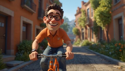 3d cartoon cycling with a smiling face