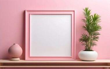 Blank white frame with pink border against pink background, Empty blank photo frame mockup design