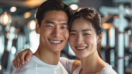 Smiling Asian Couple Poses for Camera in Gym - obrazy, fototapety, plakaty