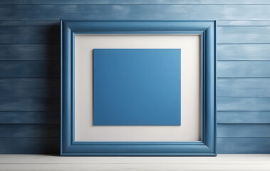Blank white frame with blue border against blue background, Empty blank photo frame mockup design