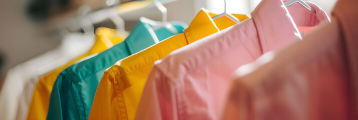 bright colored shirts on wire hangers, hanging on a rack, bright and airy