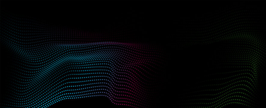 Flowing dots particles wave pattern blue green gradient light isolated on black background. Vector in concept of technology, science, music, modern.