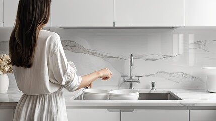 dishwashing in a white modern kitchen, focusing on the close-up of a woman's hands and arms as she meticulously cleans the scene.