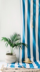 Serene Home Corner with Blue and White Striped Curtains, Potted Plant, and Sun Hat