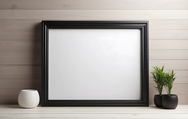 Blank white frame with dark border against black background, Empty blank photo frame mockup design