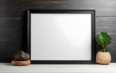 Blank white frame with dark border against black background, Empty blank photo frame mockup design