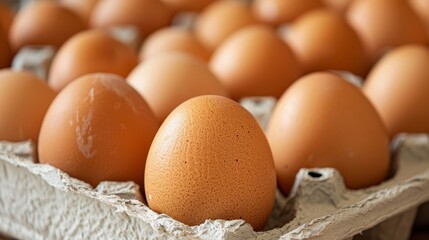 Brown eggs in a carton on a wooden table. Close-up view with selective focus. Food ingredient and organic farming concept.