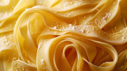 Close-up of fettuccine pasta ribbons with a dusting of parmesan cheese. Macro shot of Italian cuisine concept.