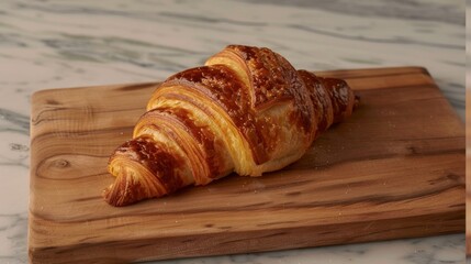 Freshly baked croissant on a wooden cutting board. Detailed texture of the pastry. Culinary art and breakfast concept.