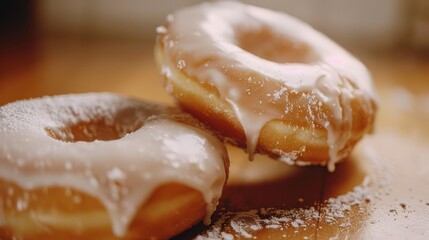 Close-up view of sugar-glazed donuts sprinkled with powdered sugar on a wooden surface. - obrazy, fototapety, plakaty