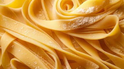 Close-up view of uncooked fettuccine pasta with flour dusting emphasizing texture. Ideal for culinary arts promotion. - obrazy, fototapety, plakaty