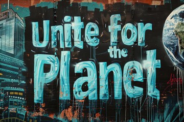 Colorful graffiti on urban wall with the environmental advocacy phrase "Unite for the Planet". Urban eco-awareness street art concept