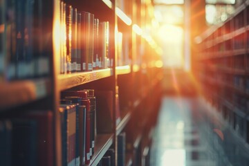 Golden sunset light softly blurs library shelves, evoking a sense of academic warmth and peace. Ideal backdrop for educational or literary themes.