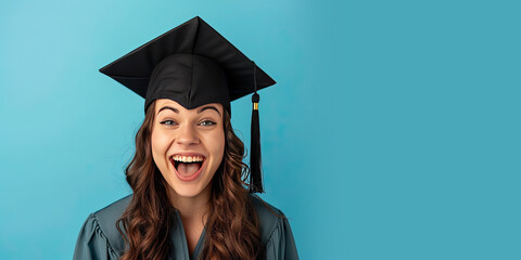 Happy Excited Girl with Graduation Hat on a Blue Background with Space for Copy