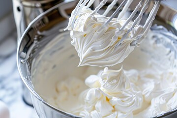 Whipped cream peaks on mixer beaters over stainless steel bowl. High angle view of stiff peaks in a mixing bowl. Baking and pastry making concept with copy space.